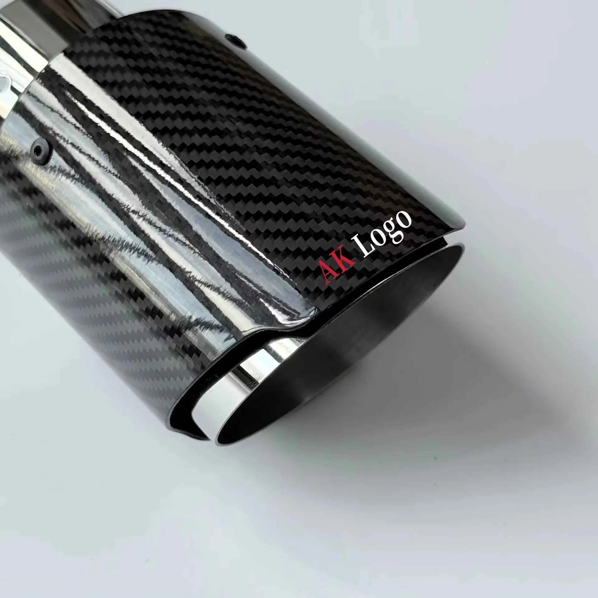1Pcs Universal Car Single Exhaust Tip Pipe Glossy Twill Carbon Fiber Silver Muffler Exhaust Nozzle For AK Logo Refit Tailpipe