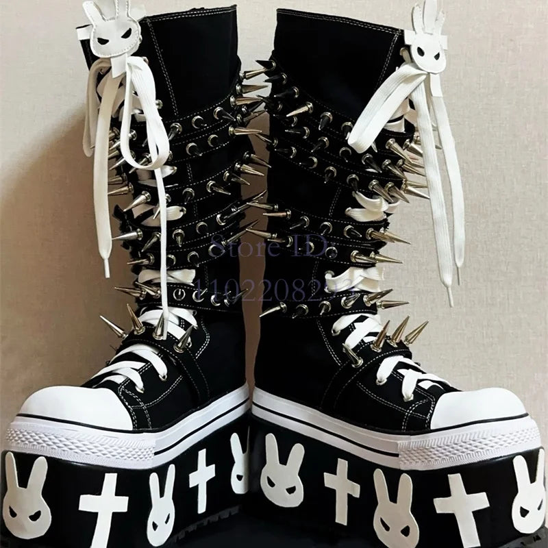 Cross Rivet Knee-high Boots Punk Round Toe y2k Platform Devil Angel Canvas Shoes Lace-up Women's Motorcycle Boots 2025 Halloween