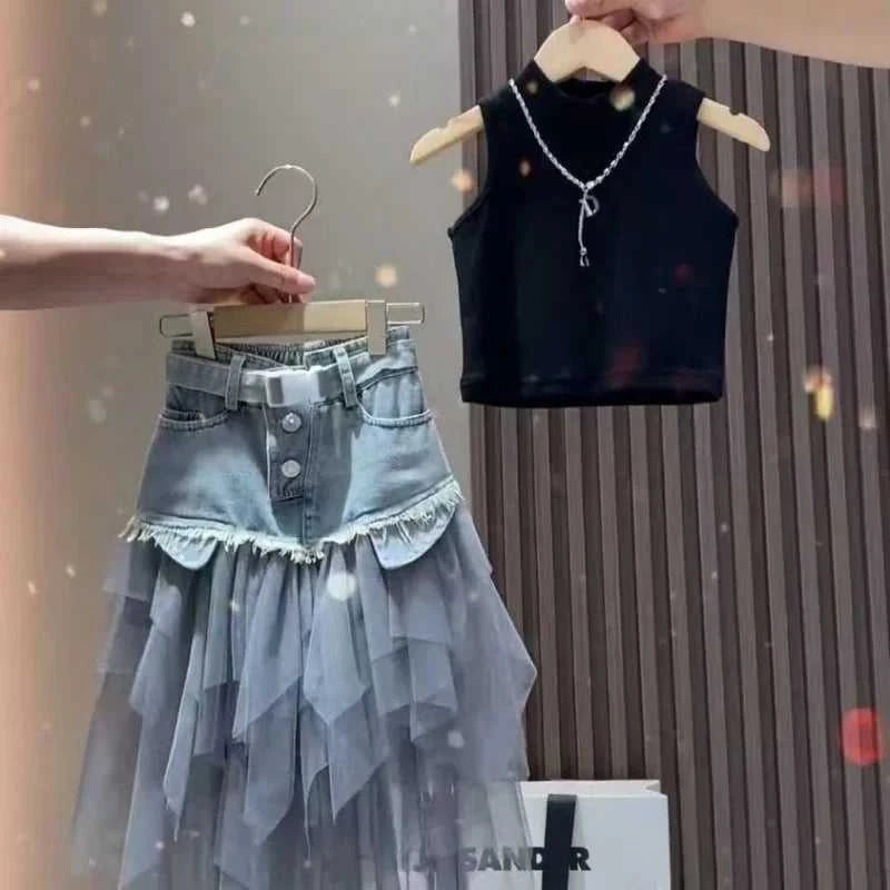 Girls' Summer New Set 2026 Korean Version Baby Girl Tank Top Mesh Splicing Cowboy Skirt Set Kids Summer Set The jack market .AU The jack market .AU Mum & Kids: Essential Products for Every Family $ 62 14:29#WHITE;200000463:200004189#110CM 4Years;200007763:201336100