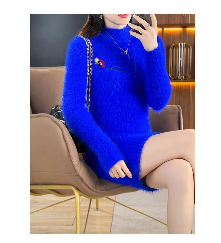Imitation Mink Fleece Autumn Winter New Plush Slim Sweater Dress Solid Half High Neck Mid Length Embroidered Knit Bottom Dresses
