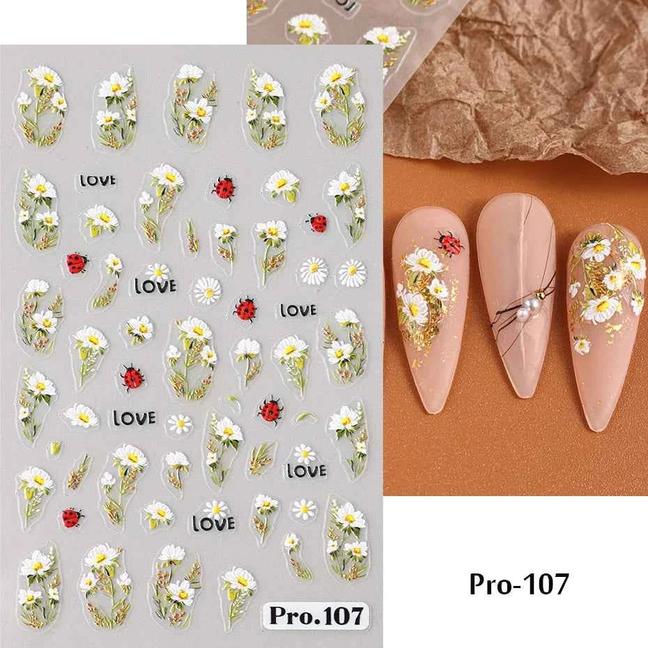 Daisy Dreams Nail Stickers - 5D White Flower & Bee Design, Self-Adhesive Acrylic Decals for DIY Manicure Magic