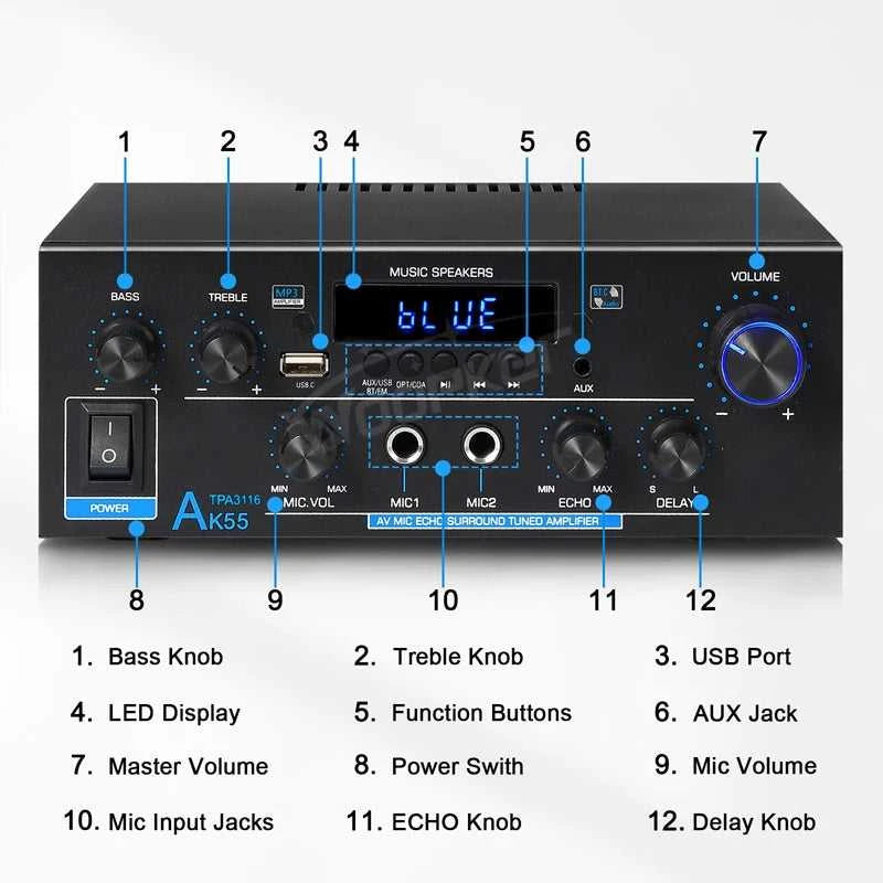 Woopker Amplifier AK55 900W Max 2.0 Channel Rated 70W+70W Bluetooth Audio Hifi AMP Karaoke Music Player Support 110V 220V 12V The jack market .AU The jack market .AU Accessories Electronics $ 111 14:618#EU Plug