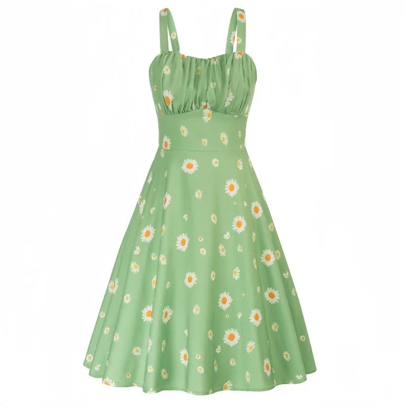 Vintage Charm Summer Midi Dress - Cute Print, Ruched Bust, High Waist for Effortless Beach Style