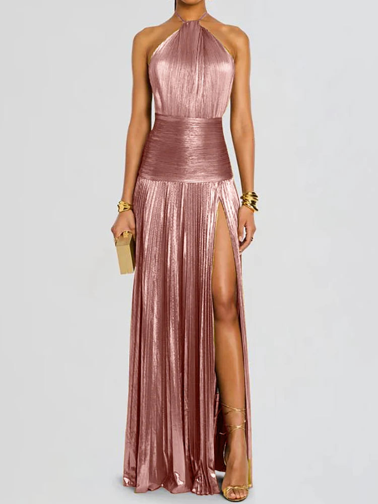 Chic Women's Backless Maxi Dress - Sleeveless Halter Patchwork Elegance for Summer Parties