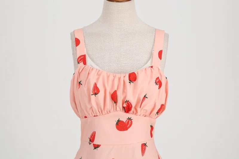 Vintage Charm Summer Midi Dress - Cute Print, Ruched Bust, High Waist for Effortless Beach Style