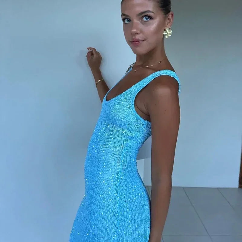 Women Sexy Yellow Glitter Splicing Square Neck Long Dress Casual Slim Sleeveless Sling Maxi Dresses Female Summer Holiday Robes