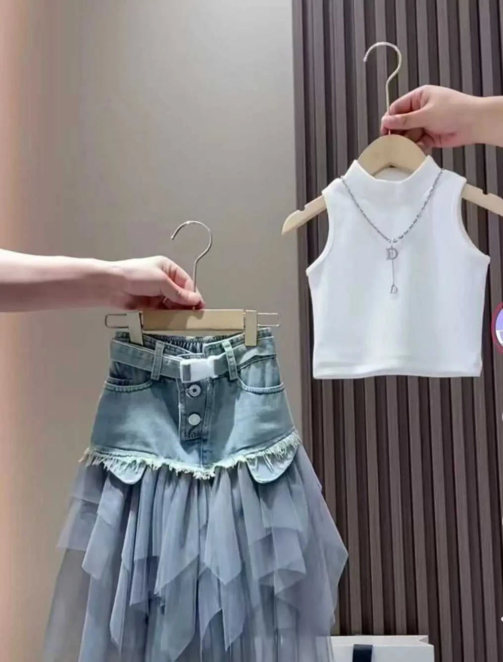Girls' Summer New Set 2026 Korean Version Baby Girl Tank Top Mesh Splicing Cowboy Skirt Set Kids Summer Set The jack market .AU The jack market .AU Mum & Kids: Essential Products for Every Family $ 62 14:29#WHITE;200000463:200004189#110CM 4Years;200007763:201336100