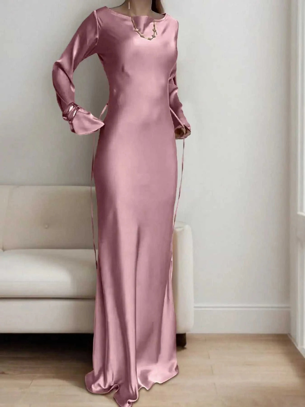 Women's Satin Maxi Dress – Corset Waist Tie, O-Neck & Flared Sleeves | Bohemian Evening Dress The jack market .AU The jack market .AU Woman Fashion Dress $ 70 14:1052;5:4182
