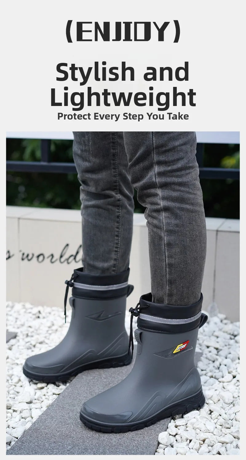 Men's Fleece Lined Tied Mouth Waterproof Outdoor Rain Boots Anti-slip Kitchen Work Rubber Shoes Warm Booties Plastic Material