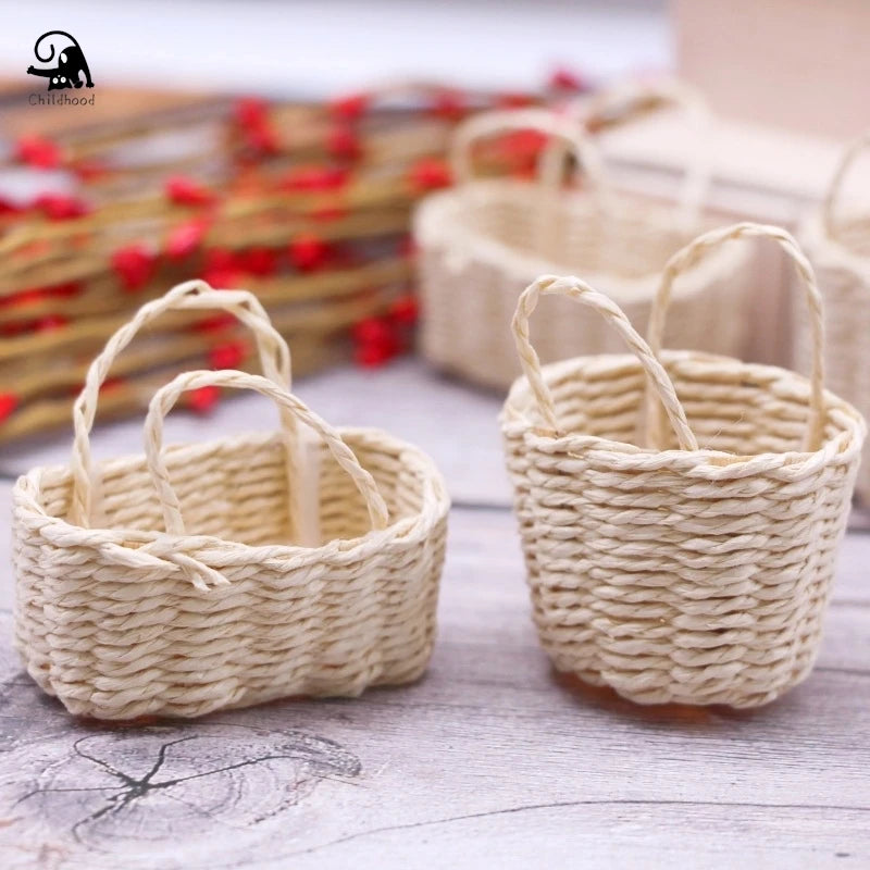 1:12 Straw Basket Simulation Food Basket Model Toys for Doll House Decoration 1/12 Dollhouse Miniature Accessories