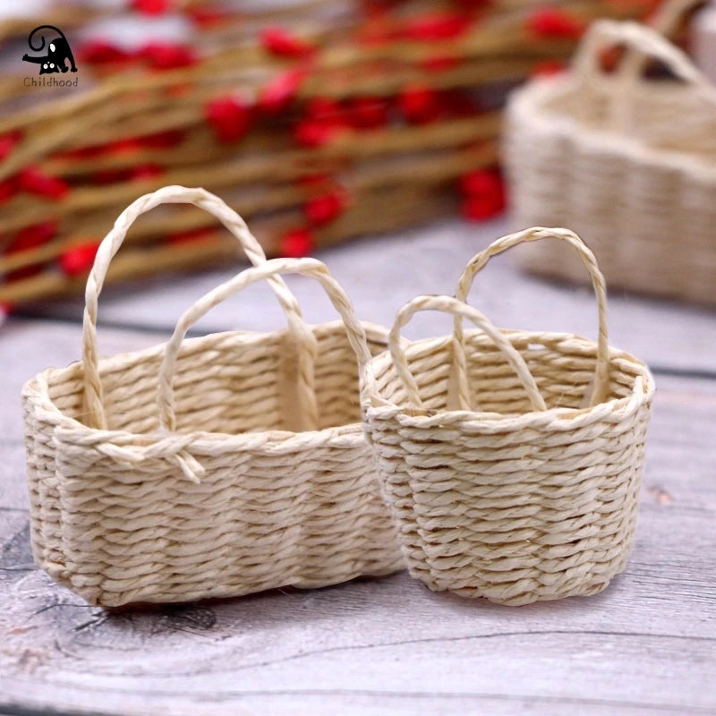 1:12 Straw Basket Simulation Food Basket Model Toys for Doll House Decoration 1/12 Dollhouse Miniature Accessories