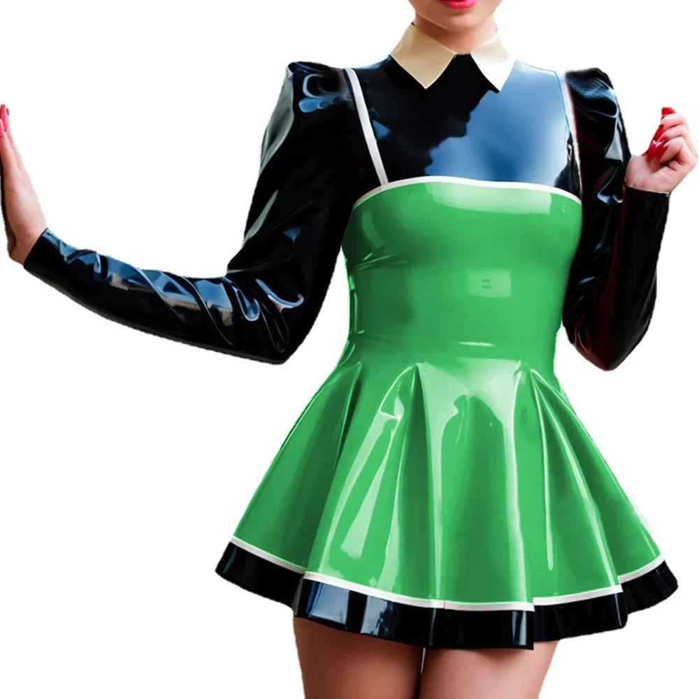 Curvy Couture Plus Size A-Line Patchwork Mini Dress - Long Puff Sleeves, PVC Leather for Night Out Style