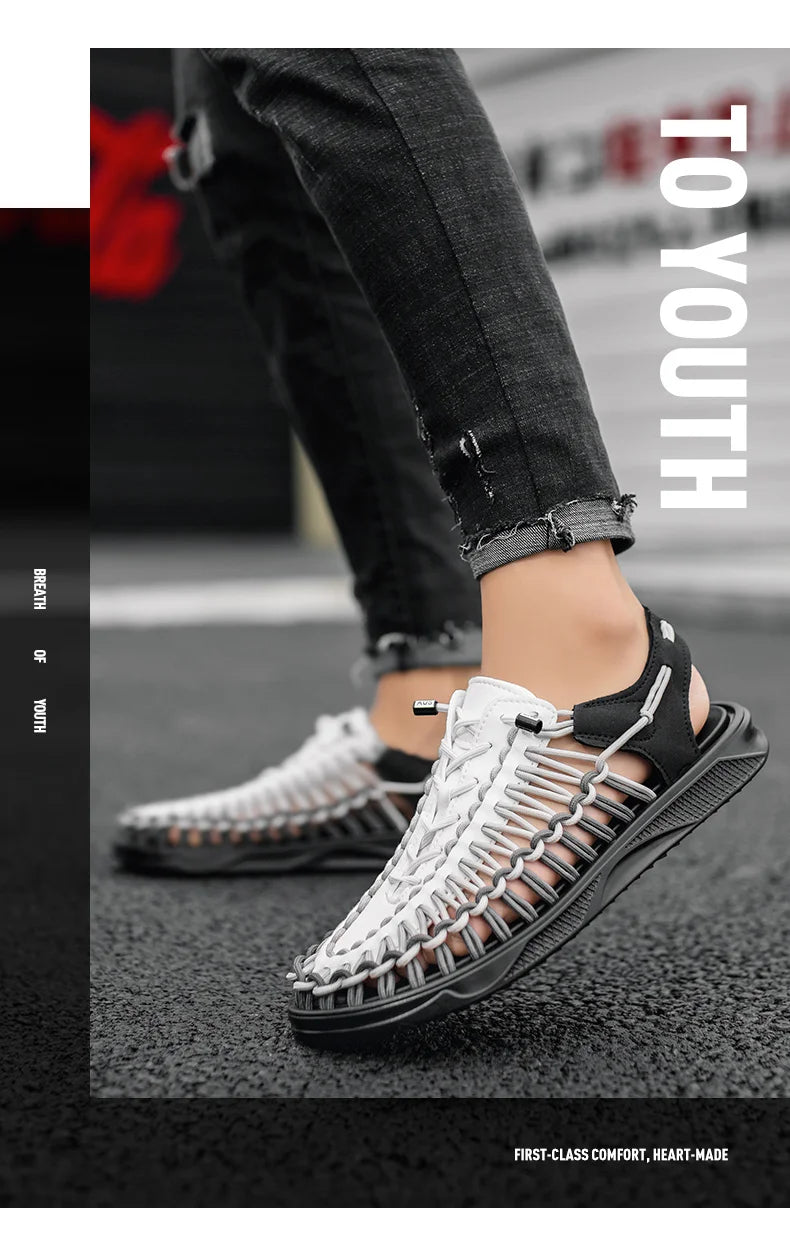 2023 Summer Men's  Sandals Lace Up Hand Woven Sandals Thick Soled Soft Non Slip Casual Shoes High Quality Couple Beach Shoes