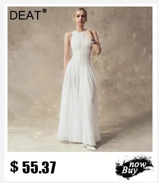 DEAT Women's Slim Dress with Diamond Folds & Zipper - Sleeveless Round Collar Summer Style