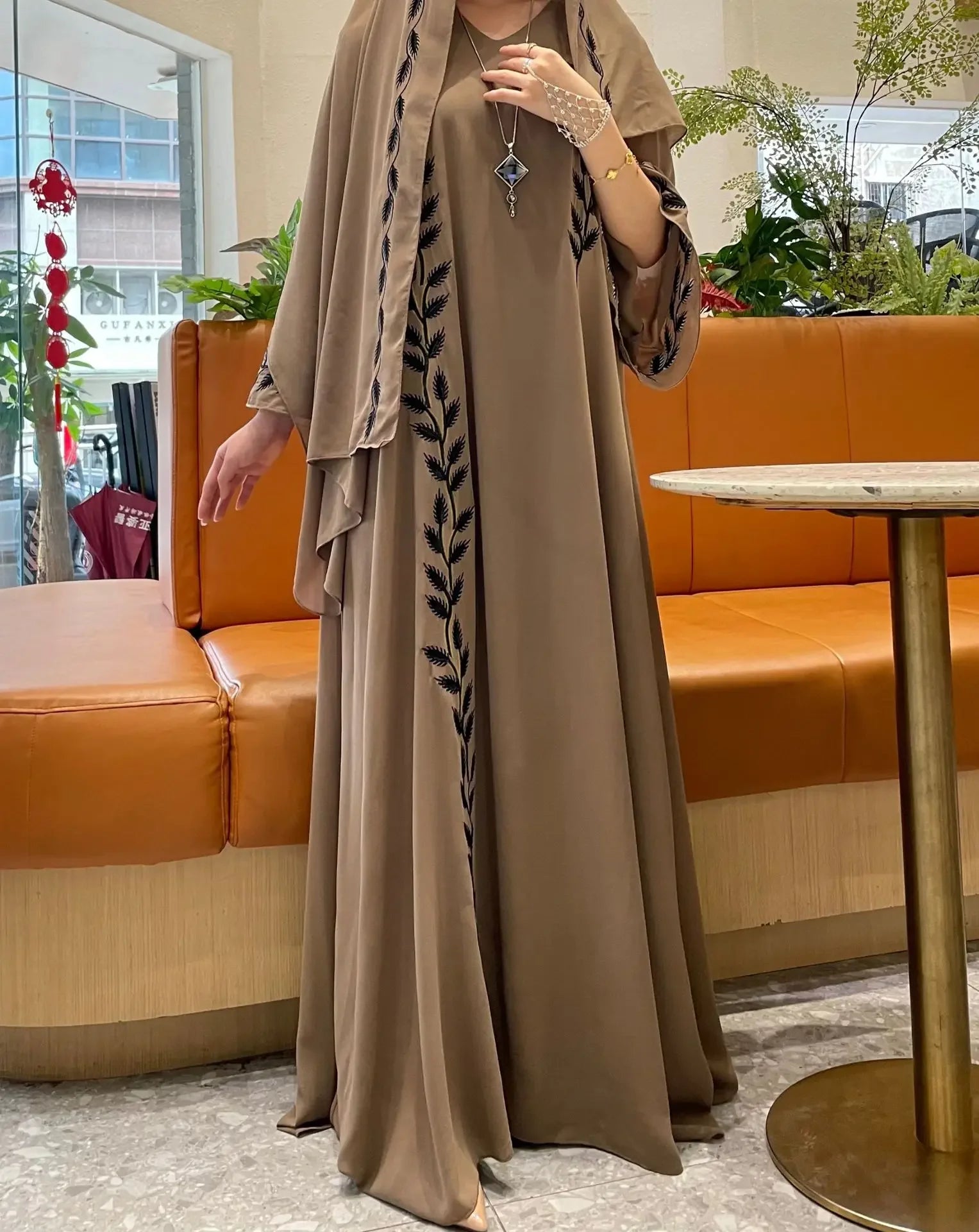Women's Embroidery Abaya with Scarf – 2-Piece Muslim Dress Set