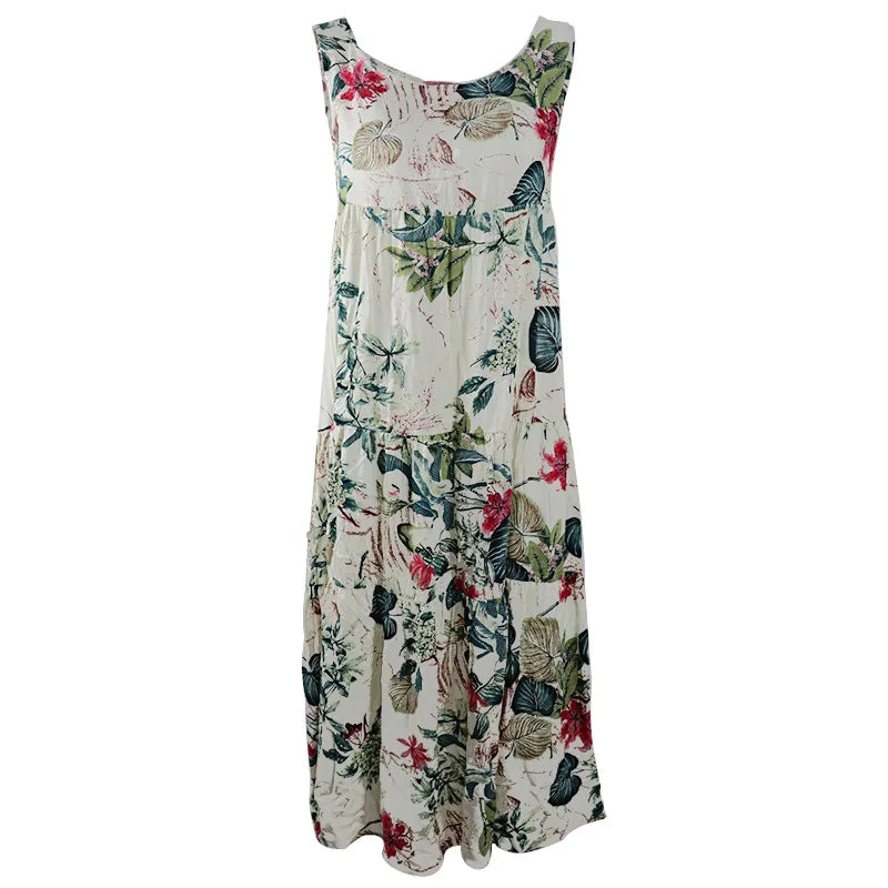 Women's Floral Boho Midi Dress – Loose Sleeveless Summer Dress