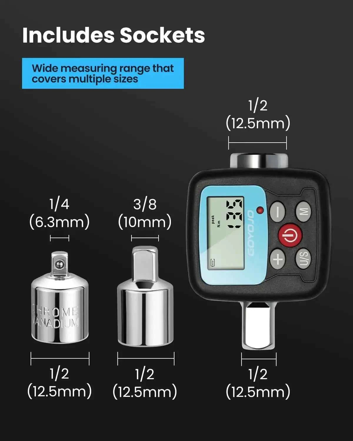 GOYOJO Digital Torque Wrench Adapter - Precision Electronic Converter with LCD Display & Versatile 1/2" & 1/4" Sockets
