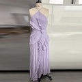 Elegant Affair Evening Gown - Ruffled Neck Strap, Backless Design, A-Line Silhouette, Perfect for Parties & Vacations