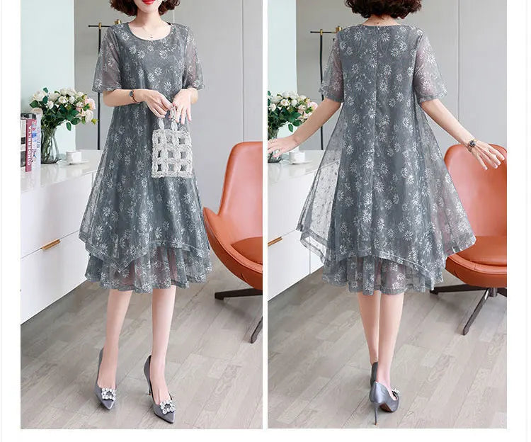 Fashion Casual Irregular Loose Midi Dress Female Clothing Commute Round Neck Summer Short Sleeve Gauze Patchwork A-Line Dresses