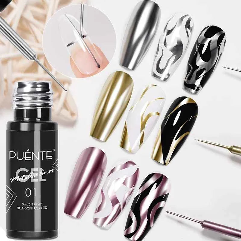 BrandName Chrome Mirror Effect Gel Polish - 5ml Golden Silvery Metallic Liner for Stunning French Nail Art