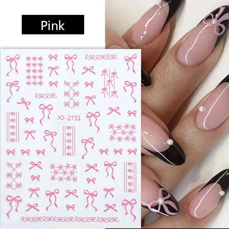 Brand Name Bowknot Nail Art Stickers - Vintage Self-Adhesive Decals in White, Pink & Black for Cute Manicures