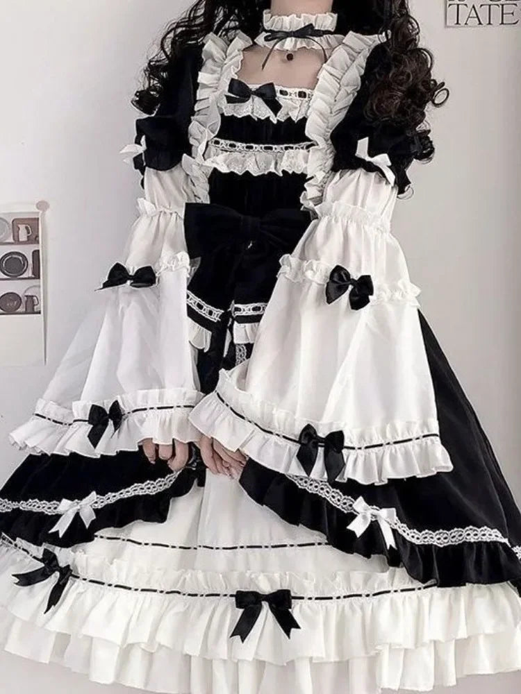 Contrast Color Japanese Dress Women Ruffled Patchwork High Waist Fairy Robe Y2k Aesthetic Ladies Sweet Dresses Vestido De Mujer