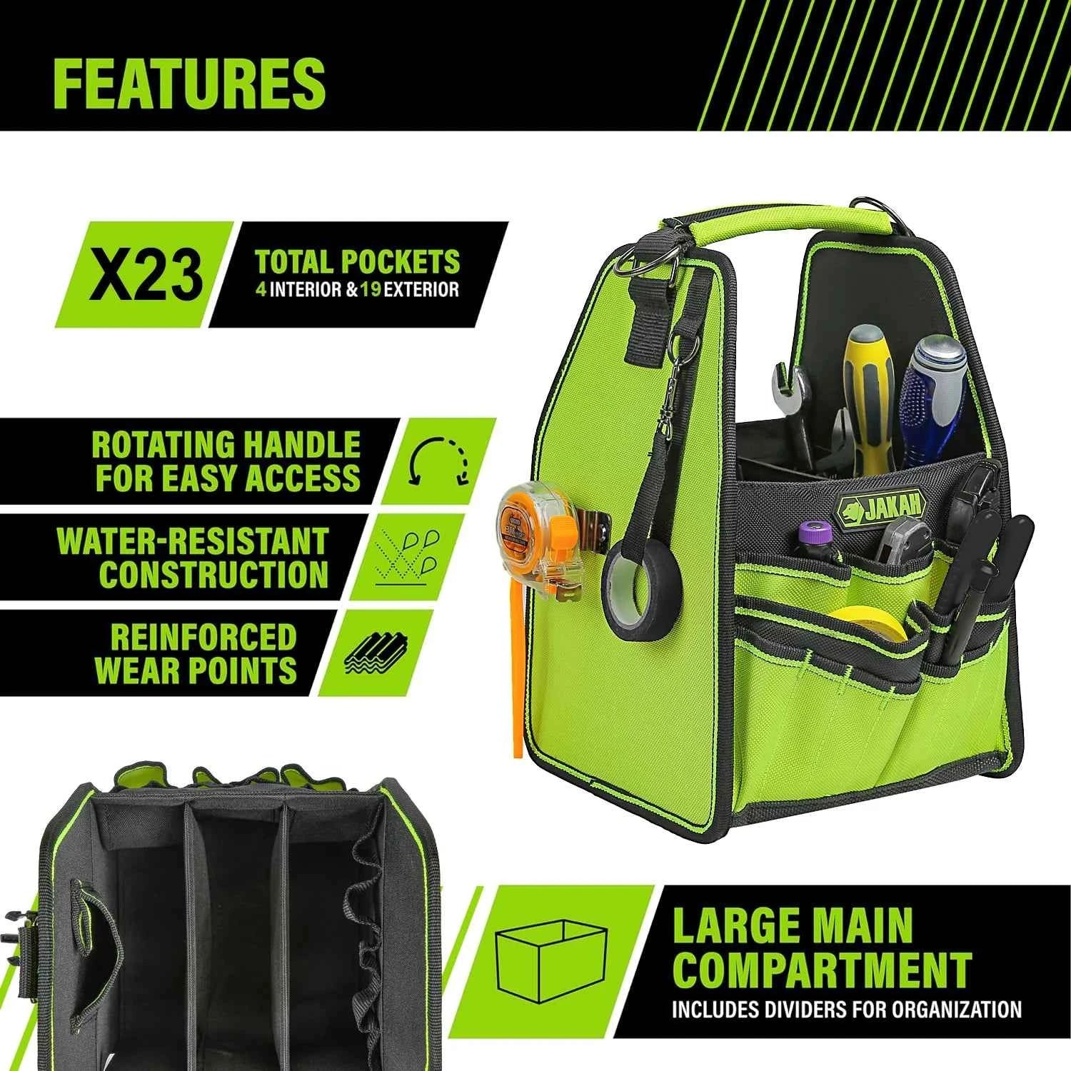 35 pockers & loops Tool Tote with Handle for Easy Tool Access, Water-Resistant Construction, Black/Green