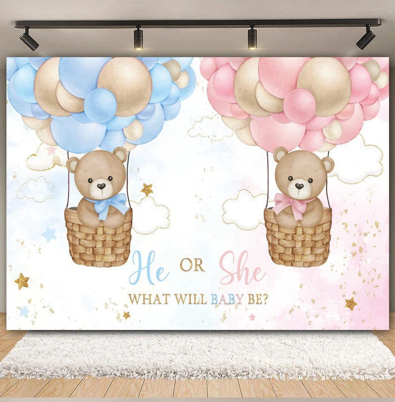 Gender Reveal Boy Or Girl Backdrop He Or She Blue Pink Balloon Elephant Bear Baby Shower Birthday Party Photography Background