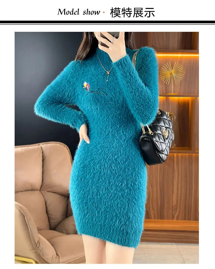Imitation Mink Fleece Autumn Winter New Plush Slim Sweater Dress Solid Half High Neck Mid Length Embroidered Knit Bottom Dresses