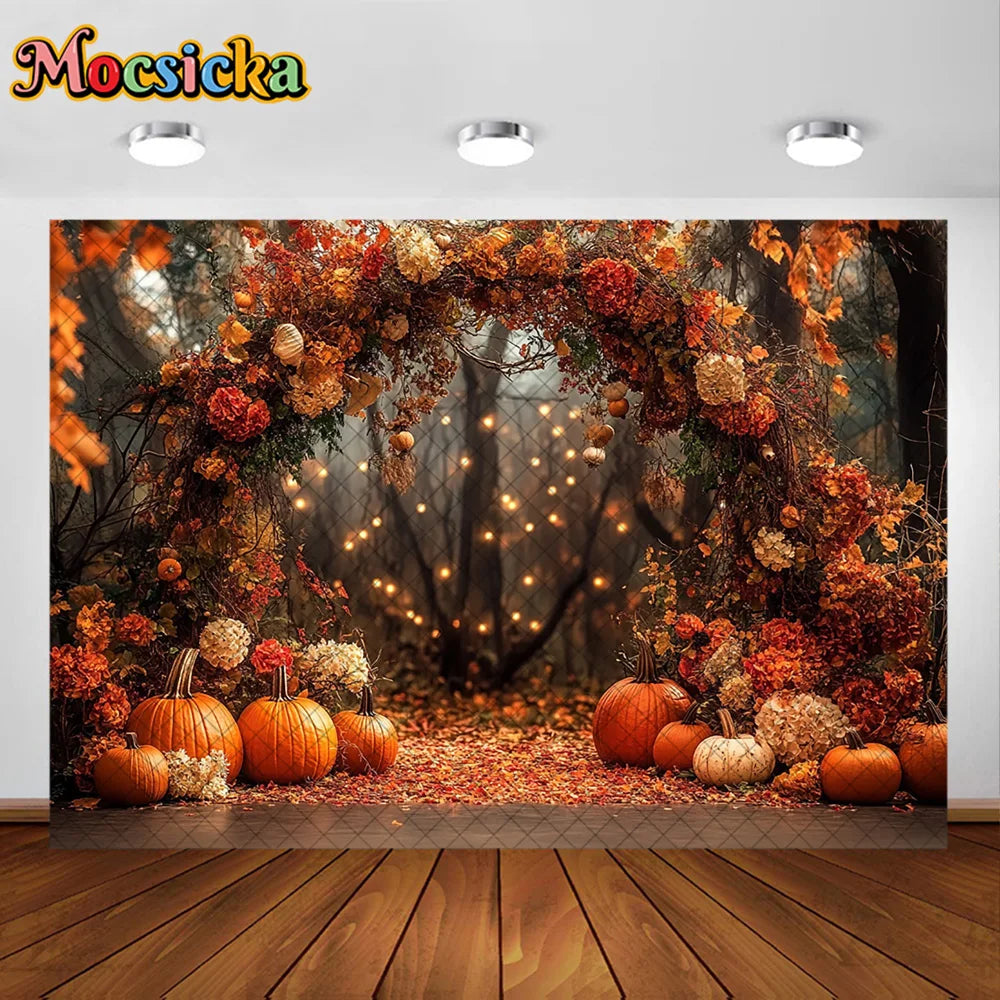 Mocsicka Photography Backdrop Autumn Pumpkin Maple Leaves Decoration Fall Portraits Photo Supplies Backgrounds For Photographs