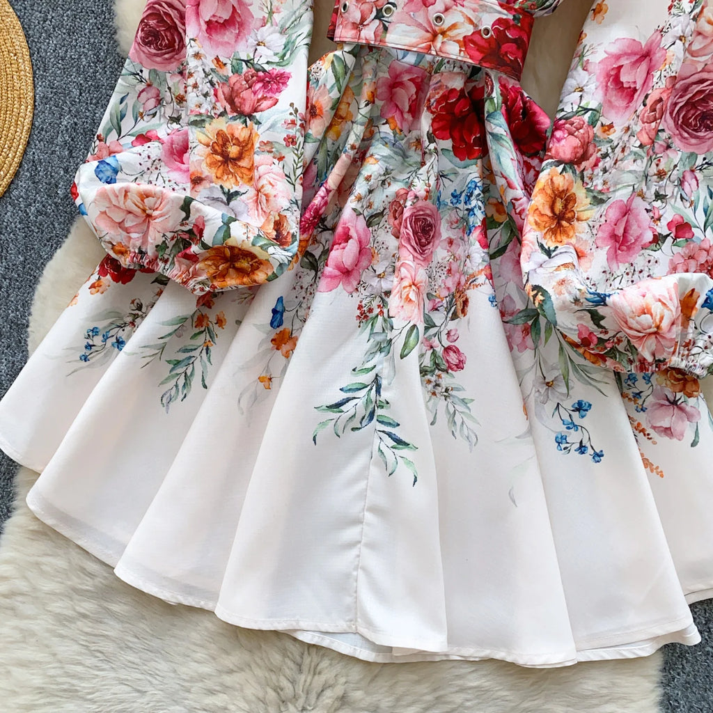 France Elegant Vintage Palace Evening Dress Women Sashes Button Print Short Party Dress Female Casual Chic Festival Clothing New