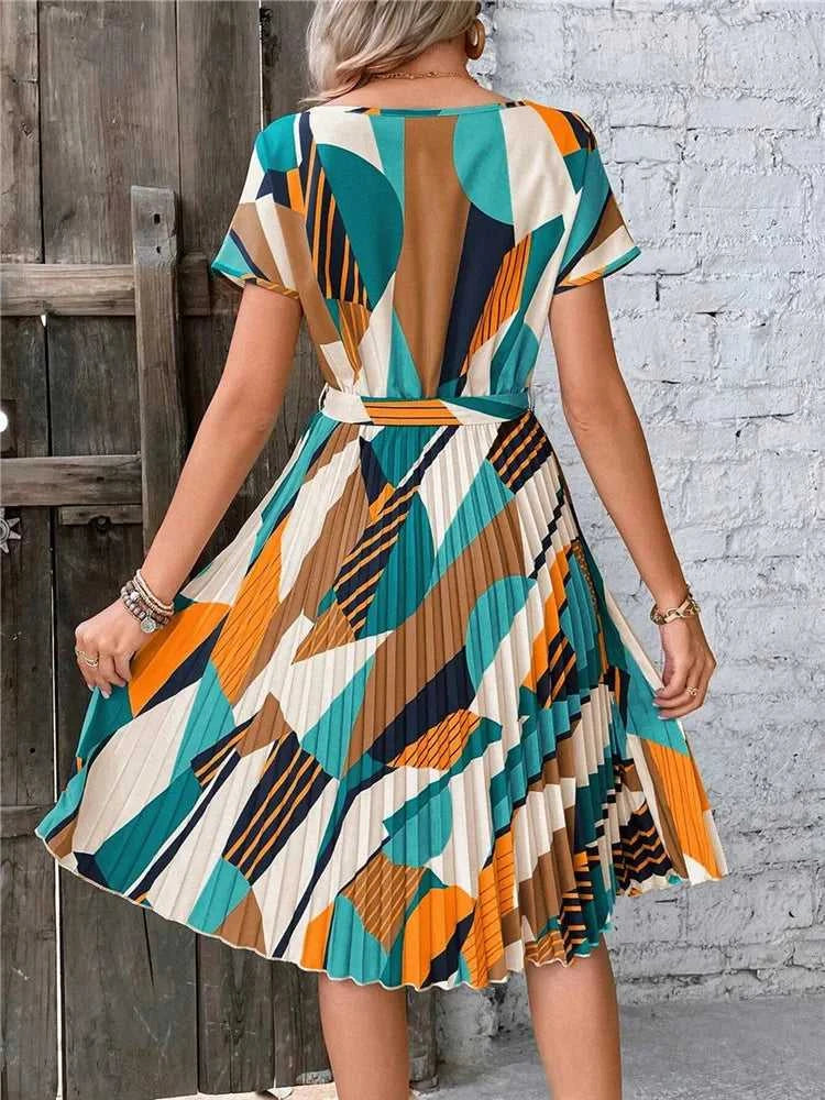 Msfilia Summer Print Pleated A Line Long Dress Women Short Sleeve High Waist Spring Round Neck Chic Dress with Belt The jack market .AU The jack market .AU Woman Fashion $ 88 14:200004870#Flower NavyBlue;5:100014065