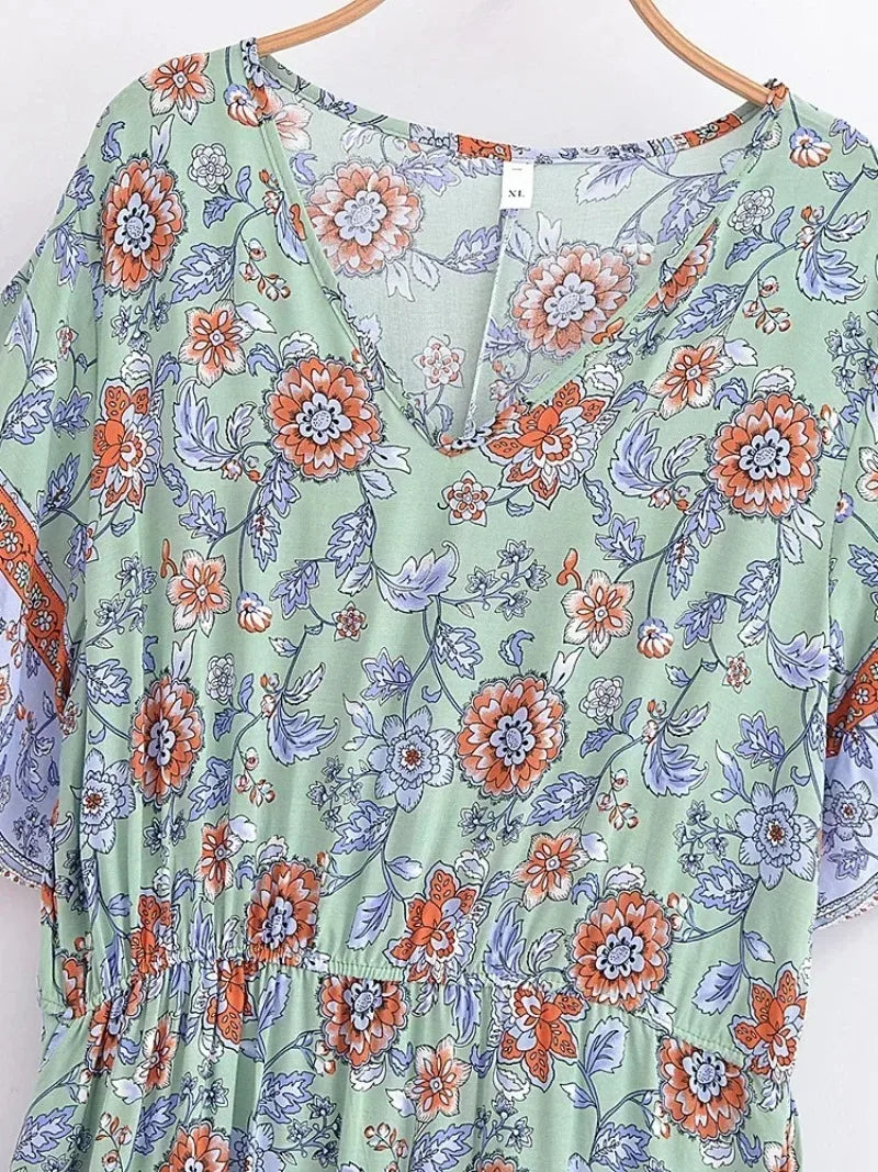 Vintage Chic Women Multi Floral Print Short Sleeve Beach Bohemian Maxi Dress Ladies V-neck Rayon Cotton Summer Boho Dresses Robe