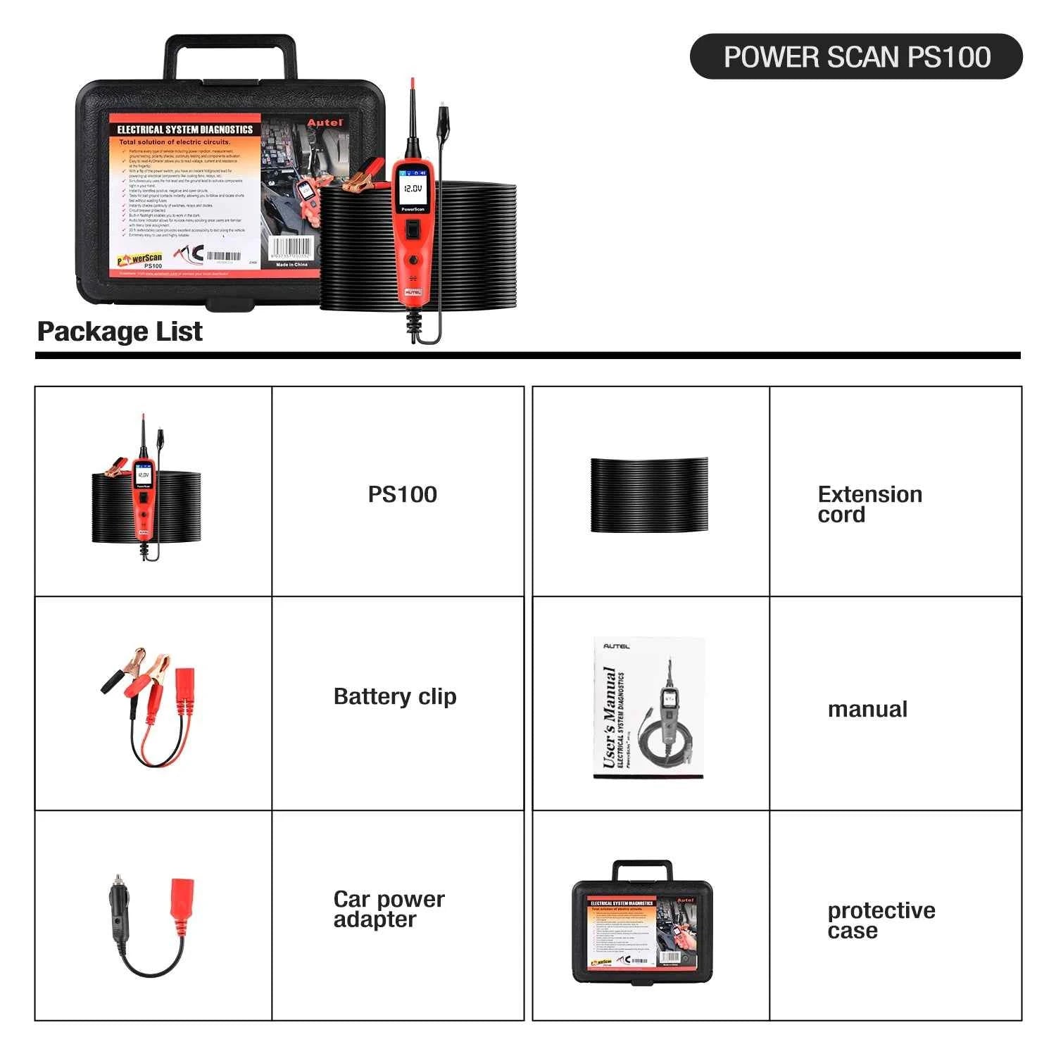 Autel PowerScan PS100 Automotive Circuit Tester, Universal 12V 24V Automotive Power Circuit Probe Kit with 20ft Extension Cable