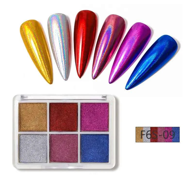 Gold & Silver Mirror Powder - 6 Vibrant Metallic Nail Art Glitters for Stunning Manicures