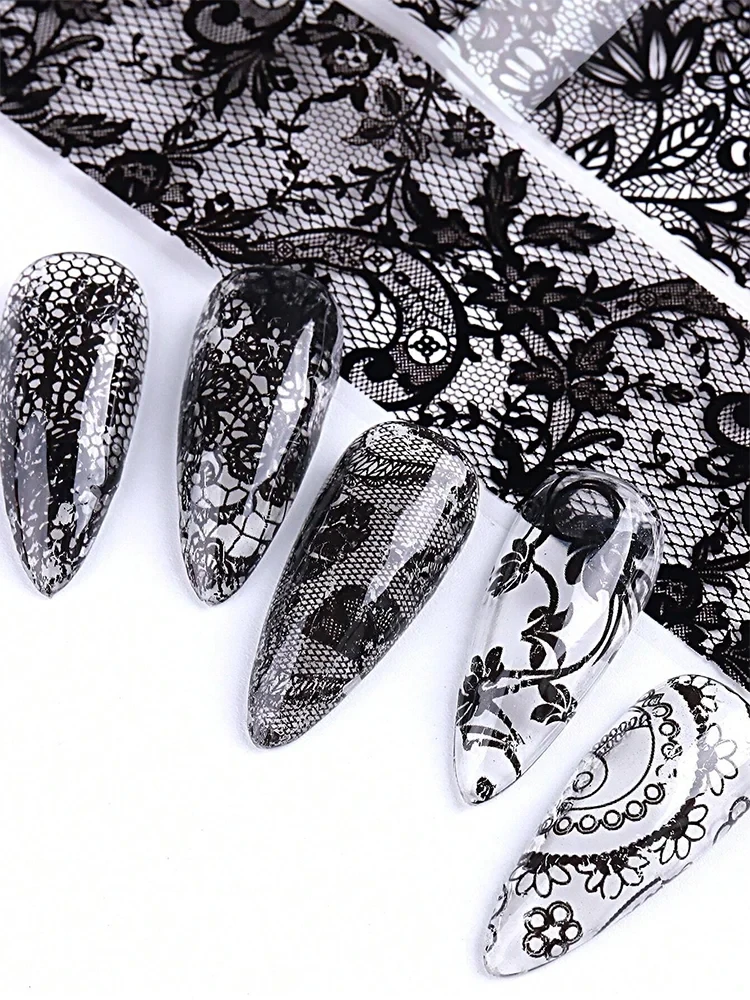 Black Floral Lace Nail Art Transfer Paper Set - 10 Sheets of Stunning Patterns for Creative Designs