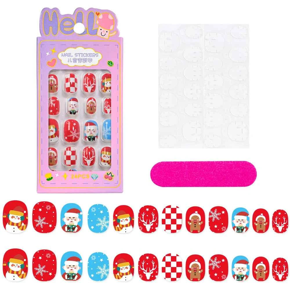 24pcs Princess Girls Christmas Press On Nails Candy Color Kawaii Christmas Tree Snowman False Nails New Year Children Fasle Nail