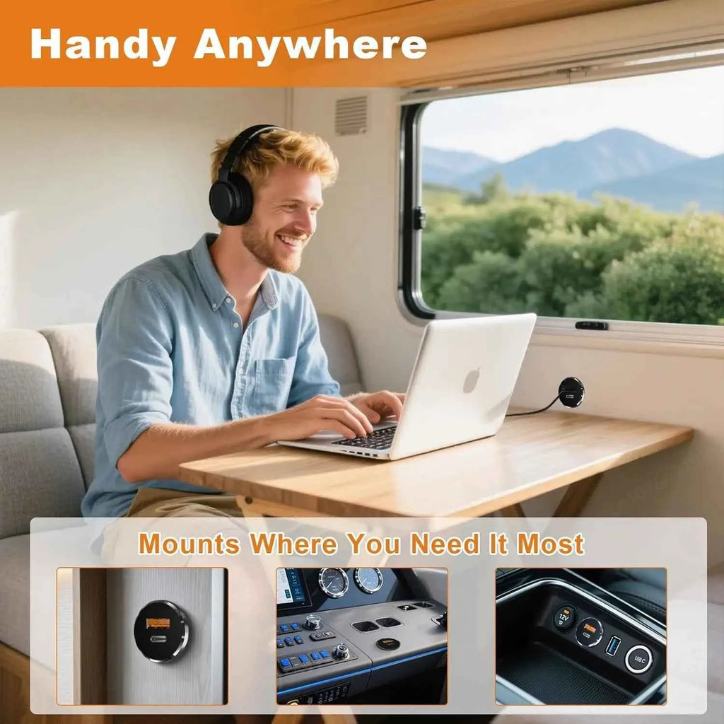 1-2 Pack Mini 66W 12V USB Outlet PD 30W Type-C QC3.0 36W USB-A Dual Port Aluminum Fast Charging Socket for RV Camper Truck Boat