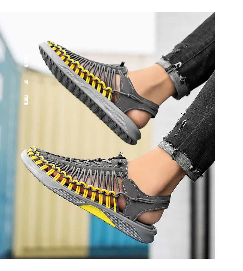 2023 Summer Men's  Sandals Lace Up Hand Woven Sandals Thick Soled Soft Non Slip Casual Shoes High Quality Couple Beach Shoes