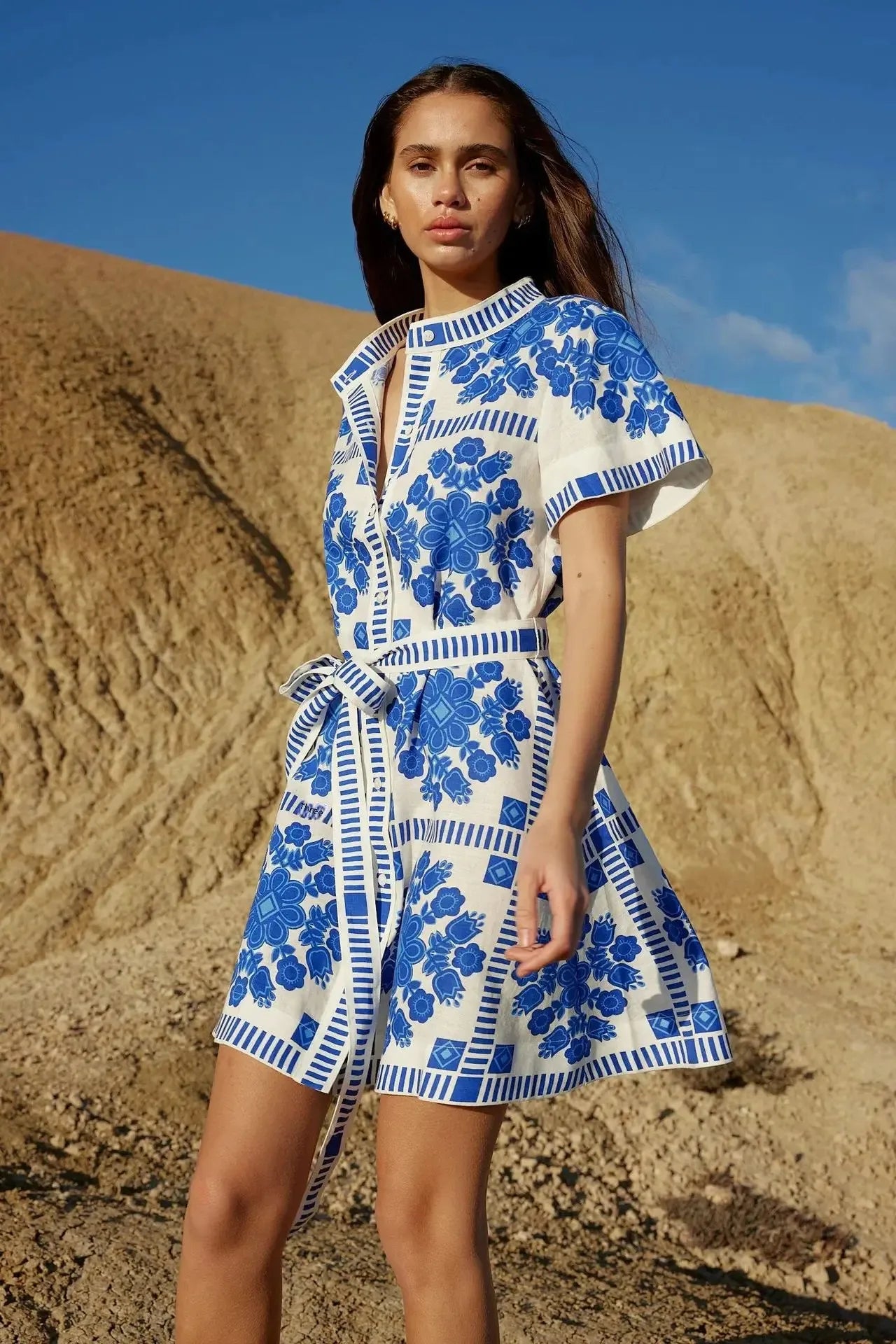 Fashionable Printed Belted Casual Women's Dress Summer Style Cross-Border Clothing Elegant Simple Design Maxi Length Gown