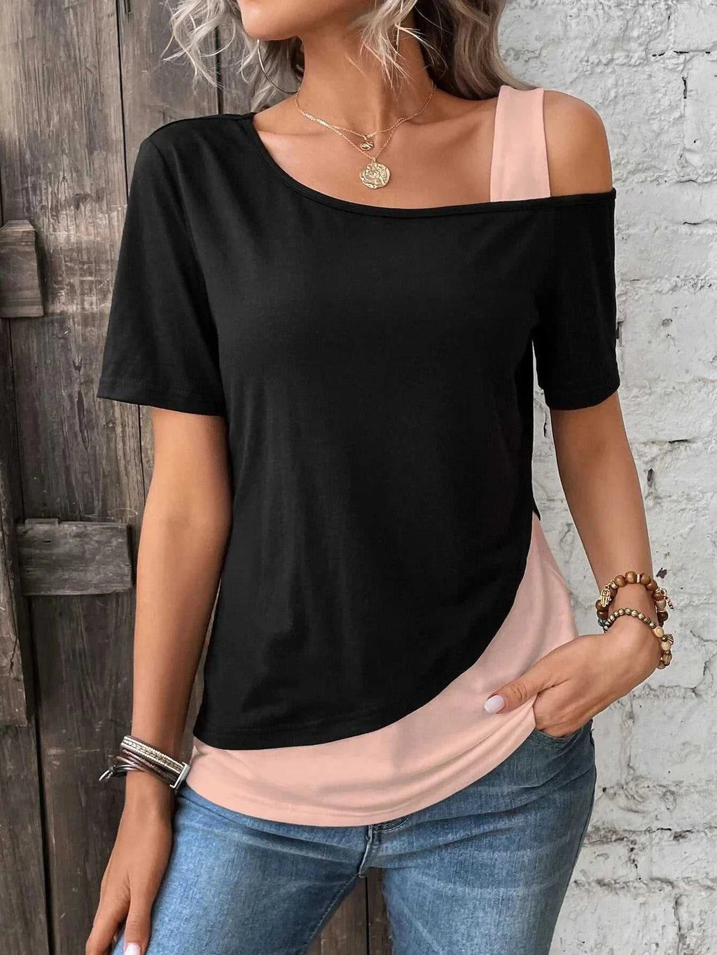 Chic Color Blocking Short Sleeved Women Solid Color Off Shoulder Asymmetric T-Shirt Female Summer Casual Tops The jack market .AU The jack market .AU Woman Fashion $ 57 14:193#pink black;5:361385