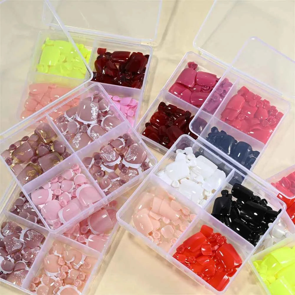 GlamNails Glossy Short-Square Press-On Toenails - 96 Pcs in 4 Stunning Colors: Nude, Pink, Brown