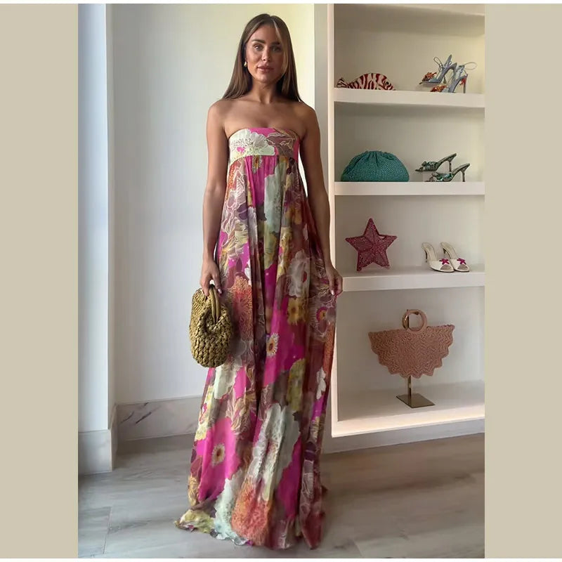 Chic Floral Print Pleated Long Dress Women's Sexy Strapless Backless Loose Party Vestidos 2025 Summer Lady High Street Robes New