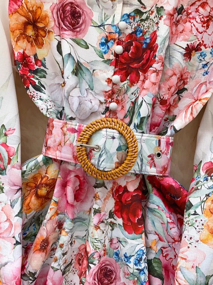 France Elegant Vintage Palace Evening Dress Women Sashes Button Print Short Party Dress Female Casual Chic Festival Clothing New