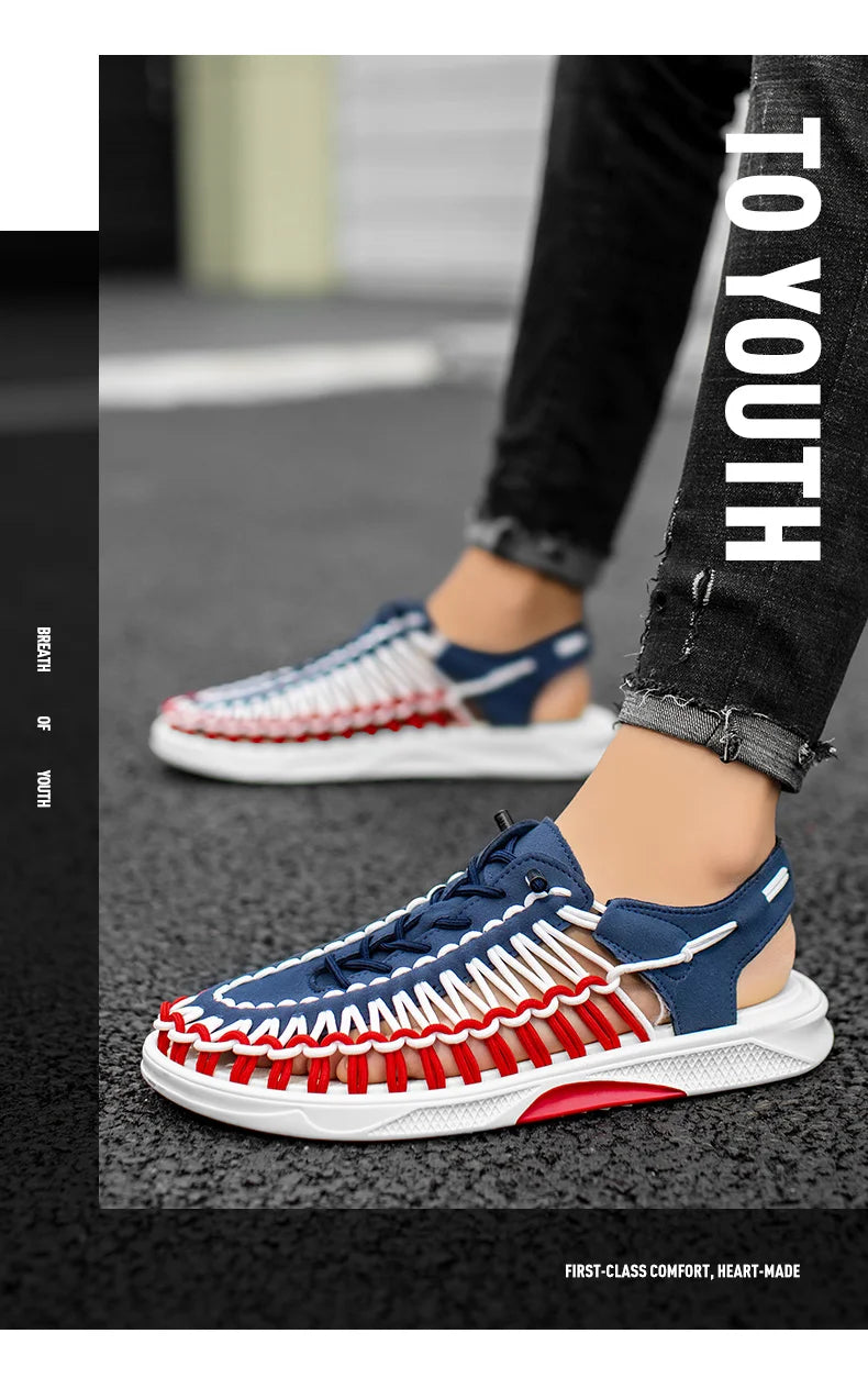 2023 Summer Men's  Sandals Lace Up Hand Woven Sandals Thick Soled Soft Non Slip Casual Shoes High Quality Couple Beach Shoes