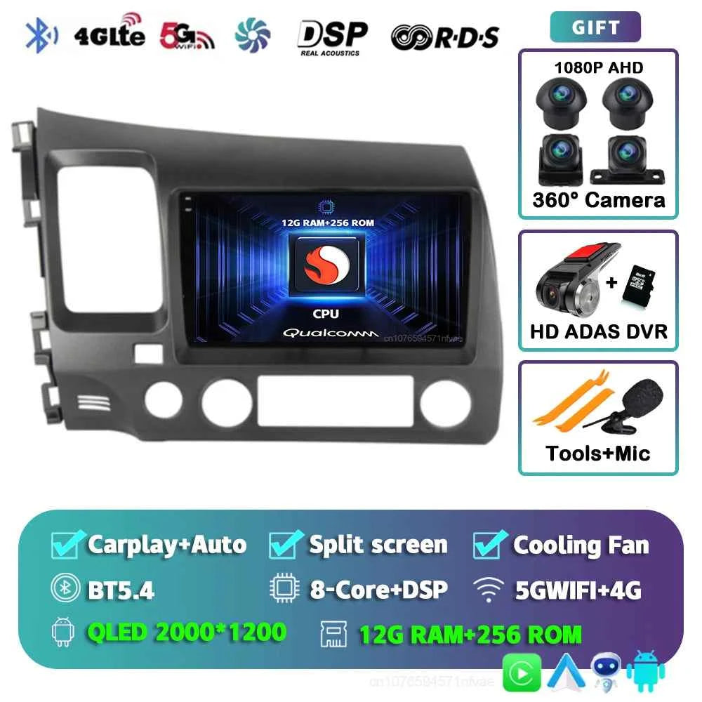 Android 15 Car radio For Honda Civic 8th 2005-2011 Carplay Android auto Qualcomm Car stereo Multimedia player 4G wifi 48EQ 2 din