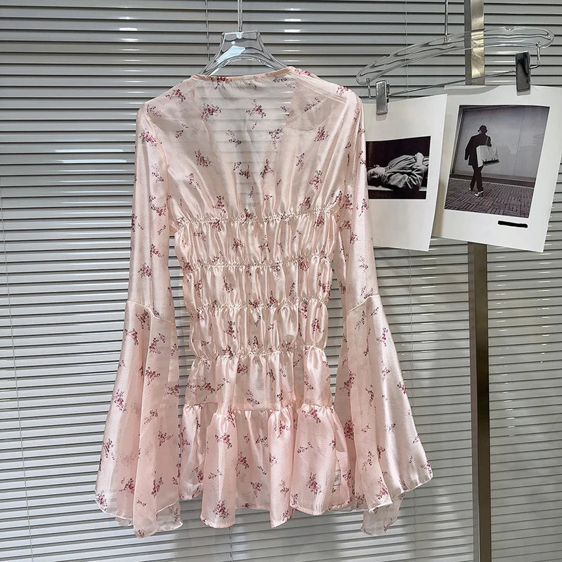 DEAT Fashion Women's Rhinestone Button Floral Pattern Flared Sleeve Chiffon Dress Elegant Holiday Dresses Female 11A04065