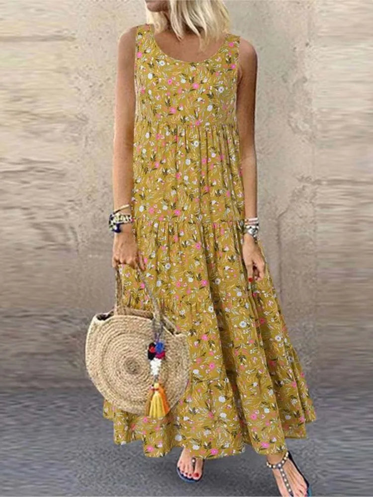 Women's Floral Boho Midi Dress – Loose Sleeveless Summer Dress