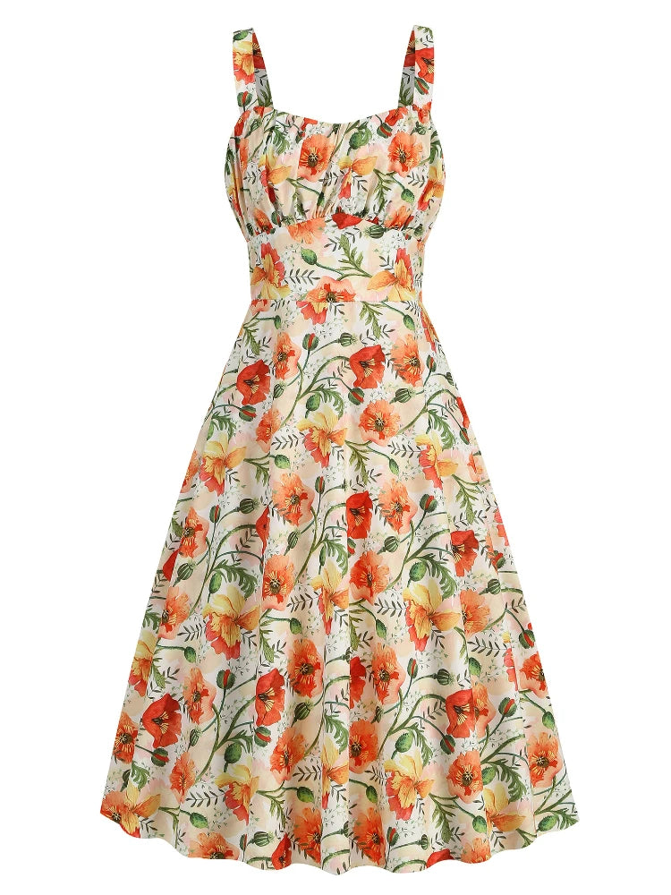 Vintage Charm Summer Midi Dress - Cute Print, Ruched Bust, High Waist for Effortless Beach Style