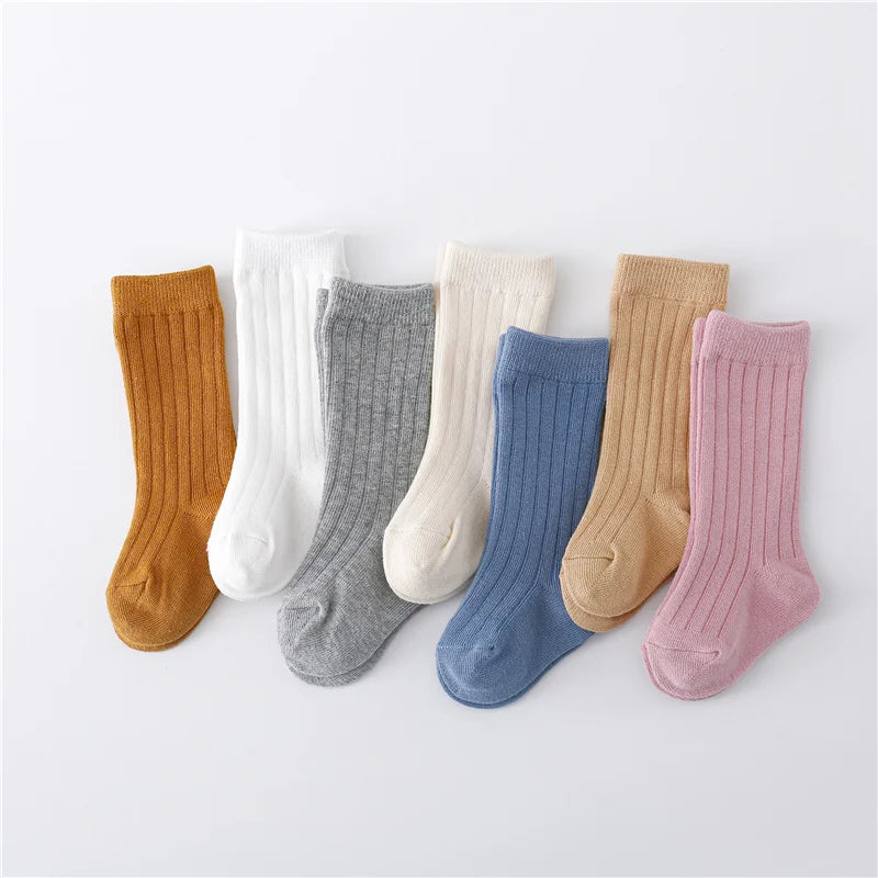 0-5Years Kids Boys Girls Socks Cotton Solid Striped Soft Baby Knee Long Children's Socks School Sport Baby Boy Sock 12 Color